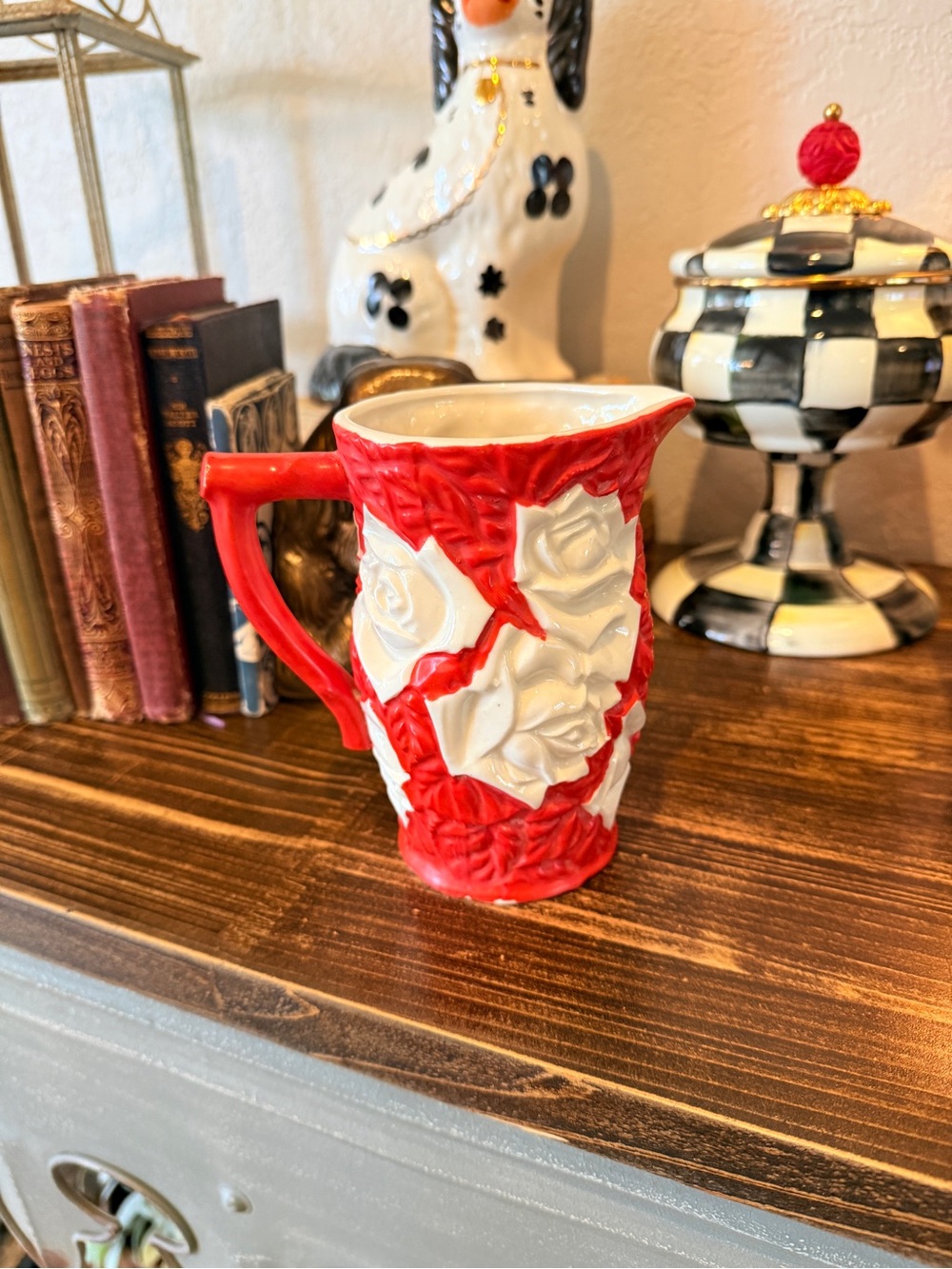 Rare Royal Trico Japan Ceramic Pitcher – Red & Cream Rose Relief, 1950s - Picture 8 of 14